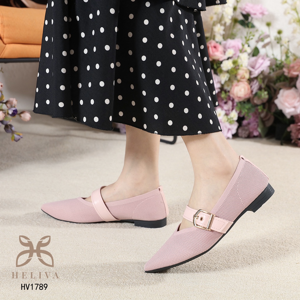 HELIVA VENUS Flat Shoes Sepatu Lancip Gesper Slip On Bahan Kanvas HV1789 Original Brand