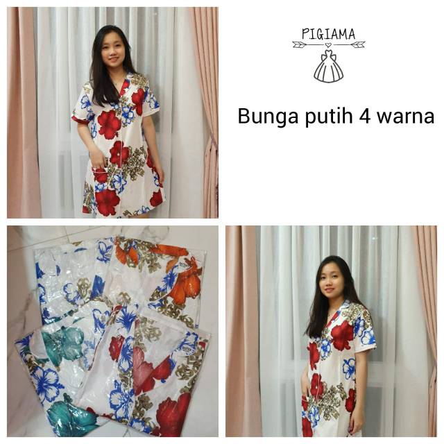  Baju  tidur piyama wanita Daster Bunga  putih  4 warna 