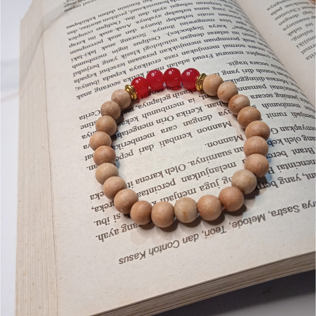 Gelang Batu Original Handmade Kayu Cendana Kombinasi Batu Alam Red Agate