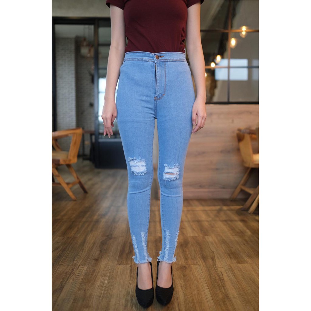 CELANA HIGHWAIST WANITA unfinished cut jeans custom sobek lutut / cut knee gunting bawah // HW SOBEK LUTUT WANITA KEKINIAN