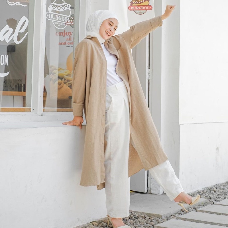 (MGA) TUNIK KEMEJA MIDI SAHLENA OVERSIZE RAMI LINEN  DRESS WANITA