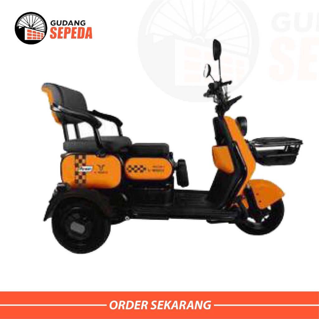 Sepeda Motor Listrik Tipe Uwinfly Maleo Roda Tiga Disc Brake By UWINFLY Garansi SNI untuk orang tua 4 ban 3 baris kursi anti jatuh kuat 250 kg keranjang dan bisa lipat kursi-Orange
