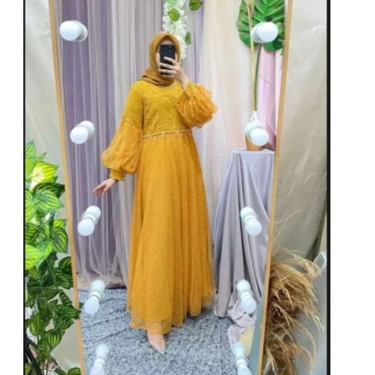 QED RAWNIE DRESS LENGAN BALON BAJU PESTA /RAFFINA DRESS/GAMIS BROKLAT TILE DOT TERSEDIA SIZE SUPER J