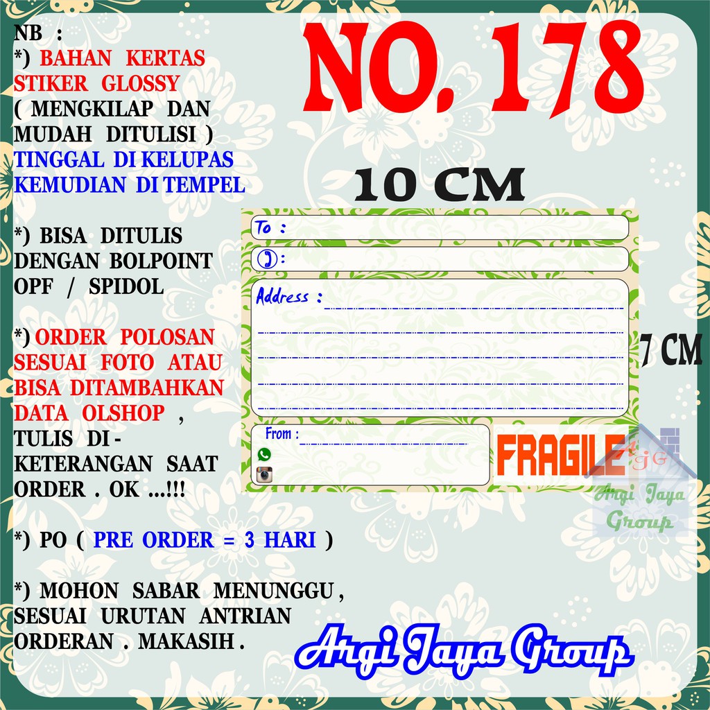 

Stiker Pengiriman - Sticker Alamat Olshop Murah Nomer 178 - 10x7 cm - Glossy
