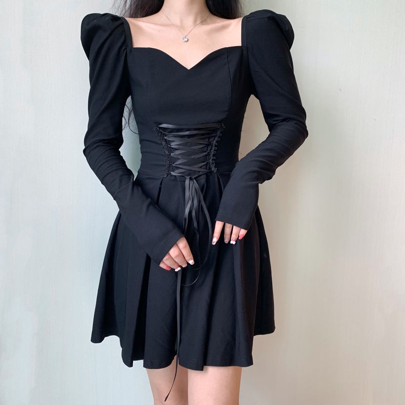 dress korean style french puff sleeve dress square neck waist perban little black dress princess dre