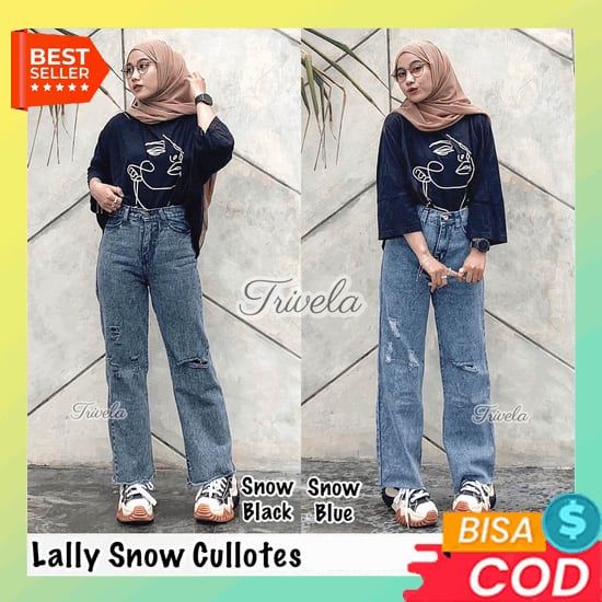 Celana Jins Jeans Sobek Cewek Wanita 7 9 Kekinian Import Tiddak Tembus Trivela - Kulot Snow Sobek / 