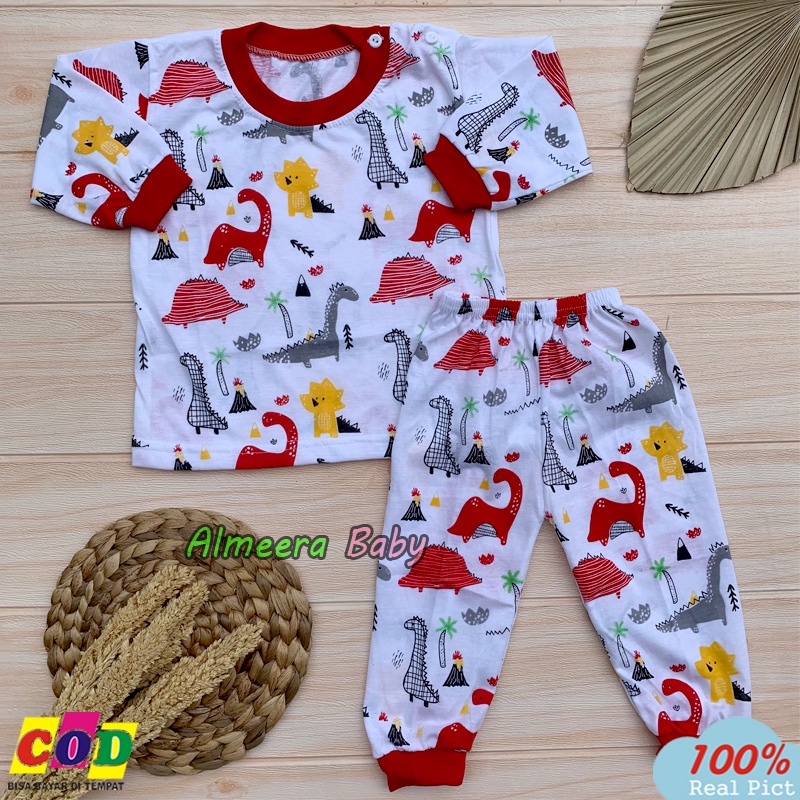 Setelan Piyama Bayi Baju Bayi Lengan Panjang Motif Dino Anak Usia 3-12 Bulan Kancing Bahu Almeera Baby and Kids