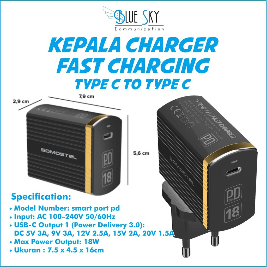 KEPALA CHARGER SOMOSTEL SMART PORT PD FAST CHARGING TYPE C OUTPUT QUALCOMM 3.0