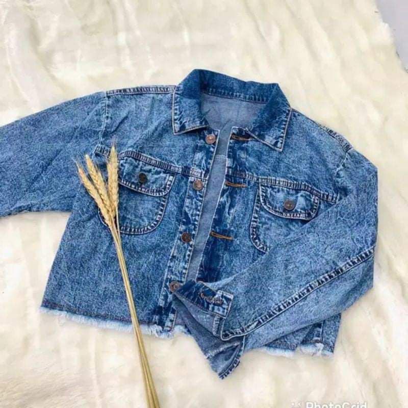 CROP JAKET JEANS DENIM JINS RAWIS JAKET WANITA CEWE CEWEK MURAH JAKET CROP HITAM BIRU KOREAN STYLE