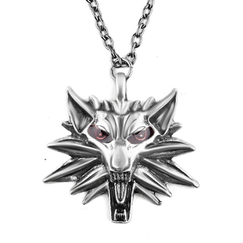 Kalung Rantai dengan Liontin Bentuk Serigala Mata Merah Gaya Punk Vintage untuk Pria / Wanita