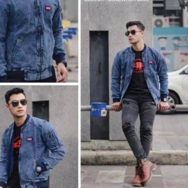 Terbaru.. [HOT PRODUCT] JAKET JEANS PRIA / COWOK SENWASH BLUE SANDWASH BOMBER DENIM RCFL / ROCAFELA