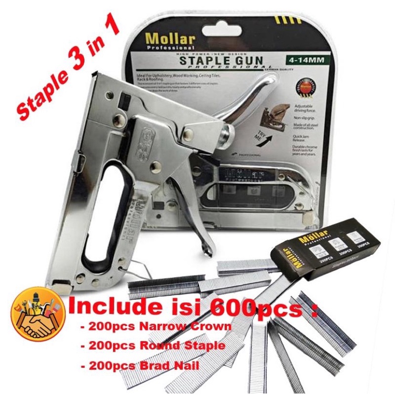 Staple Gun 3 in 1 MOLLAR Staples Stapler Tembak Tacker Hekter Heckter 3Way Jok Kulit Kardus Dekor (SUDAH DAPAT 600 BIJI ISI STAPLES)