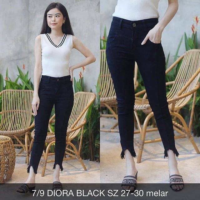 Celana Jeans Wanita 7/9 Diora Black Stretch Skinny Soft Fringe Melar Rumbai