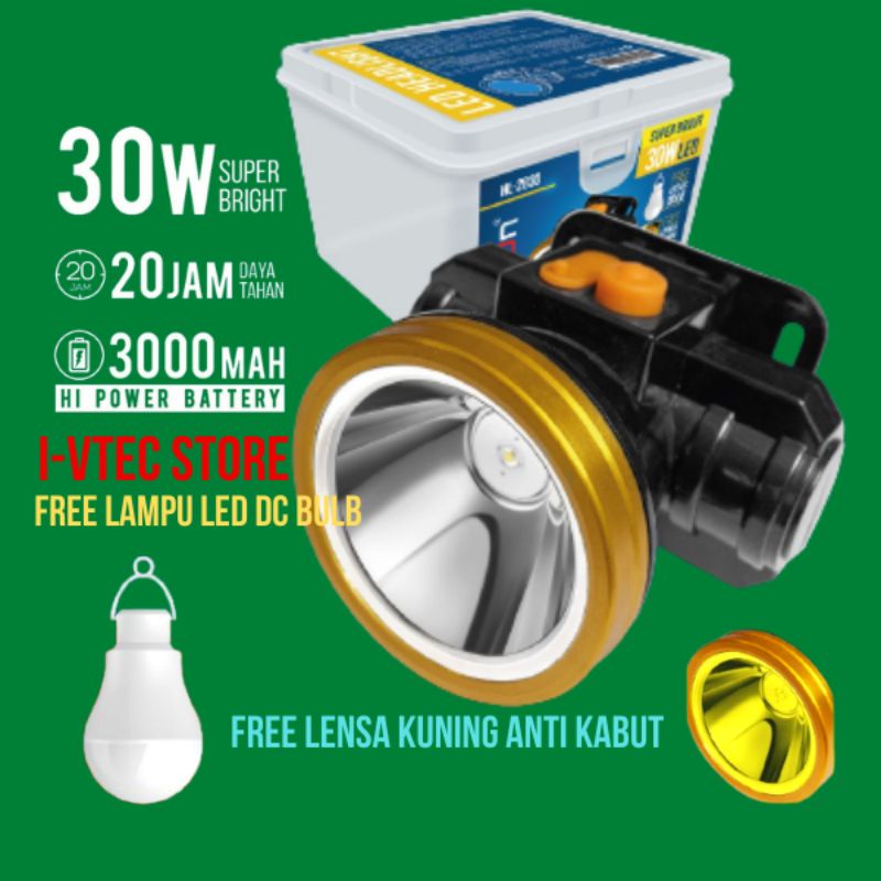 Senter kepala  2 Lensa 30Watt  Baterai lithium 2000mAh Free Lampu Led