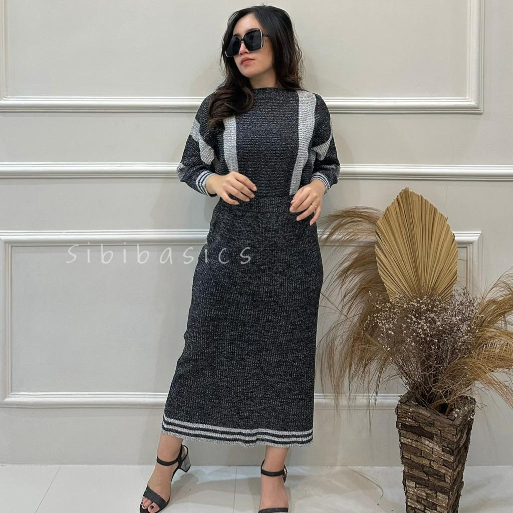 SIBIBASICS - One Set Wanita Cardigan + Rok Rajut Rib Knit Premium Tebal Korean Style Bahan Streach