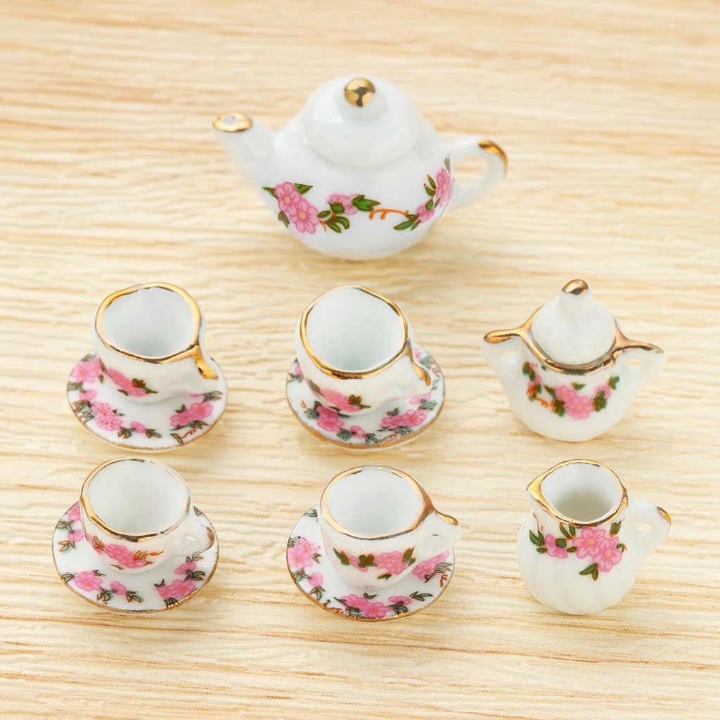 Populer 11pcs Cangkir Teh Porselen Set Mainan Dapur Dengan Lis Emas Motif Bunga1 /6 1/12 Miniatur