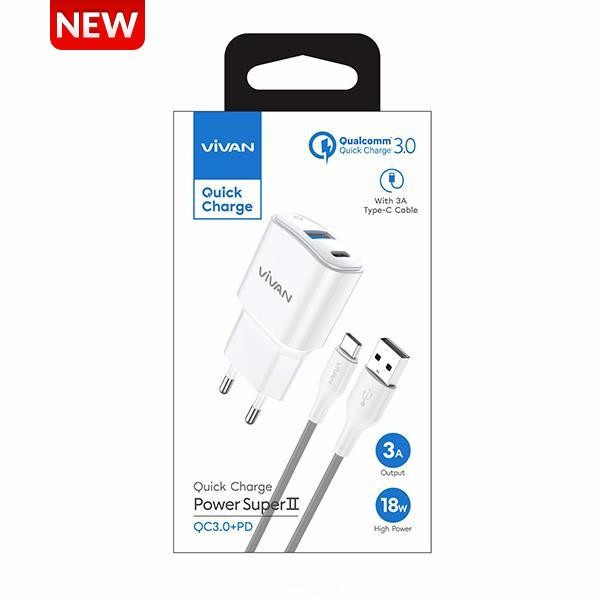 Charger VIVAN Dual Port USB QC3.0 &amp; Type-C PD 3A 18W Power Super II