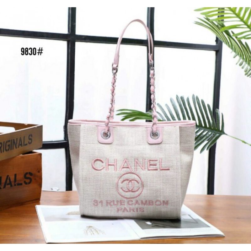 9830 Chanel Deauville Chain Tote Canvas Small Bag