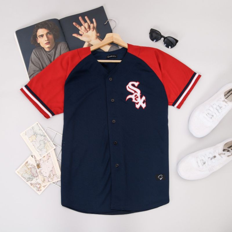 Jersey baseball baju baseball SOX navy merah pria wanita COD