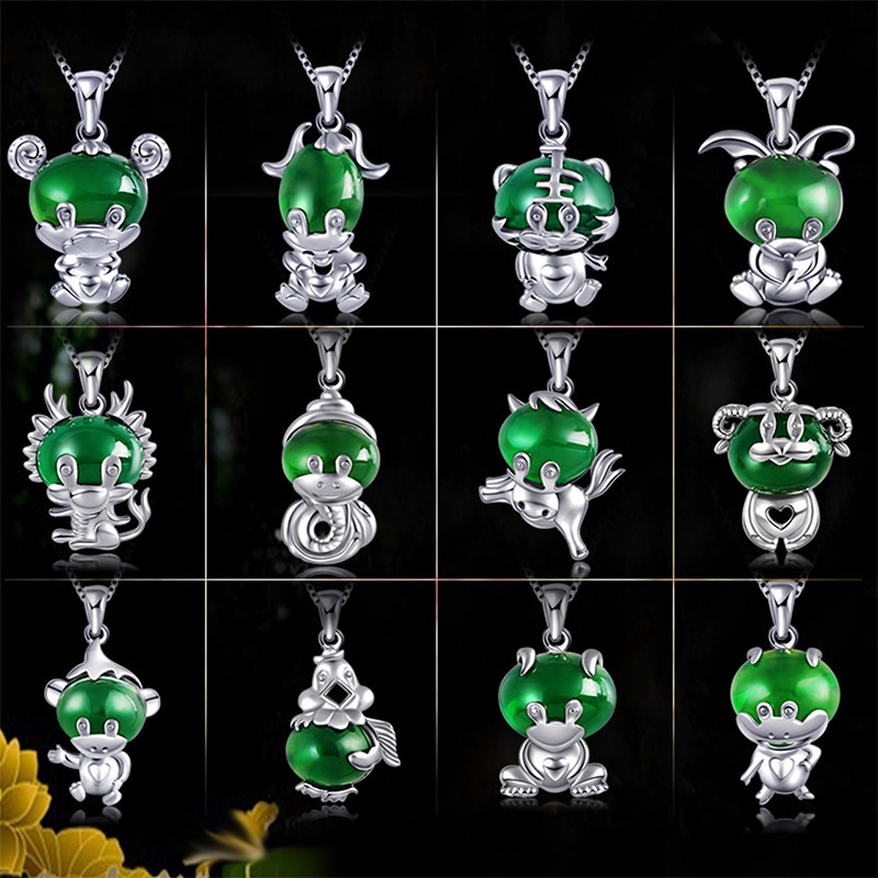 [Ready Stock]Fashion Personality Mosaic Jade Zodiac Pendant Necklace