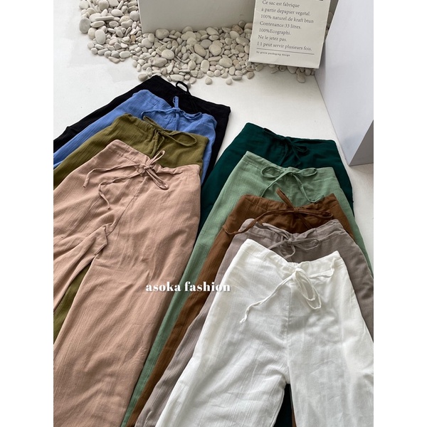 ASOKA Rachel Pants 2431 - Celana Highwaist Tali - Celana Linen Crinkle - Kulot Casual