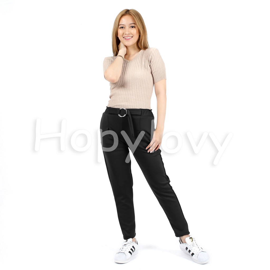 HOPYLOVY - Celana Panjang Wanita Bahan Scuba Tebal / Celana Bahan Wanita / Celana Kerja Variasi Ring Belt Ragna