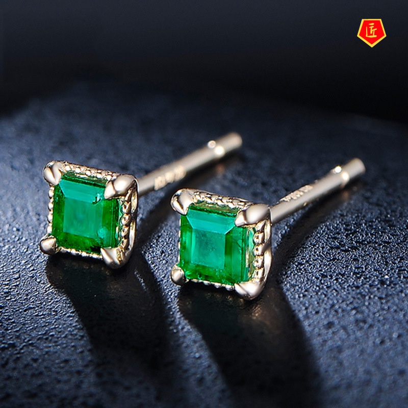 [Ready Stock]New 18K Gold Emerald Stud Earrings Exquisite