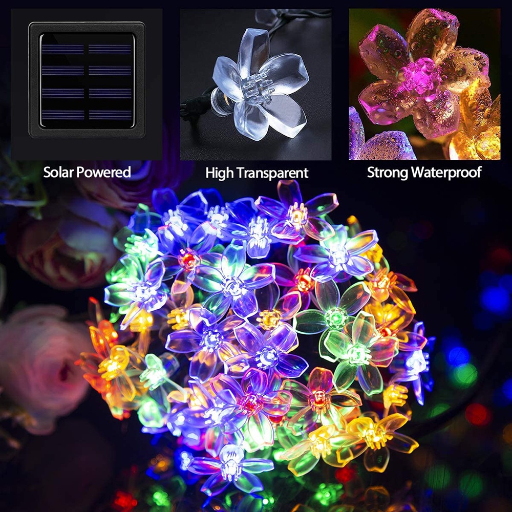 Lampu LED Tumblr Hias Taman Bunga Kristal Warna Warni Tenaga Surya Dekorasi 50 LED 7 Meter Anti Air with Solar Panel waterproof Solar Flower Lawn Lamps IP44 Cherry Blossoms String Lights Outdoor Fairy Light for Patio Garden Fence Christmas Holiday Decor