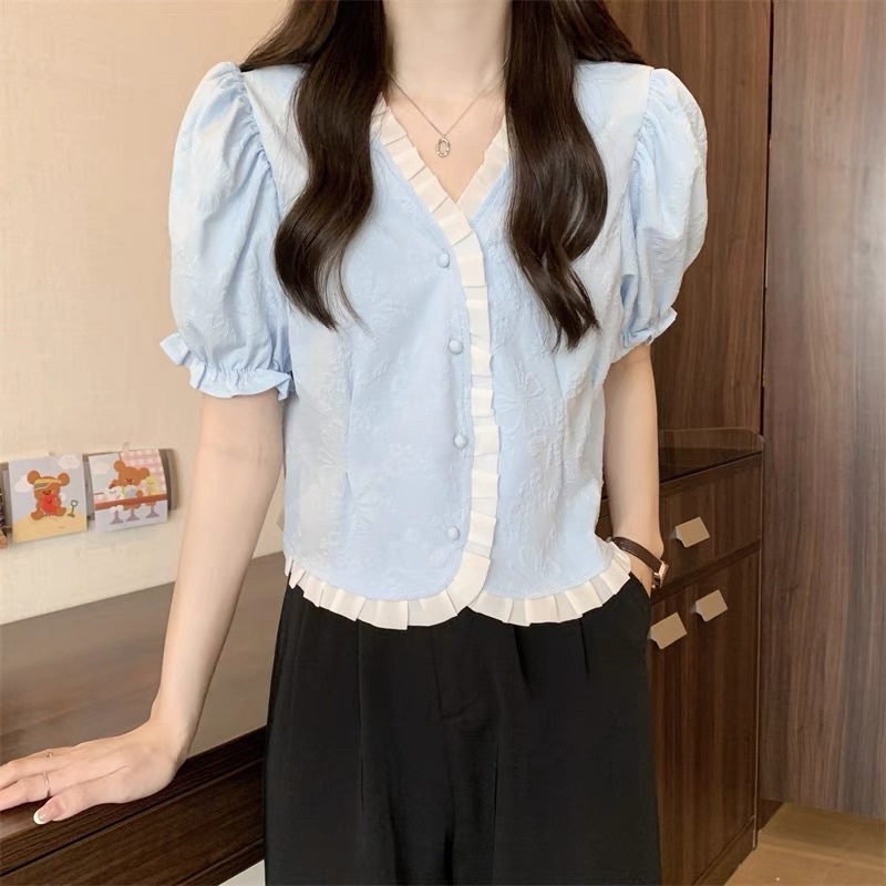 [ready stock] daeun blue top | atasan blouse biru gaya korea import