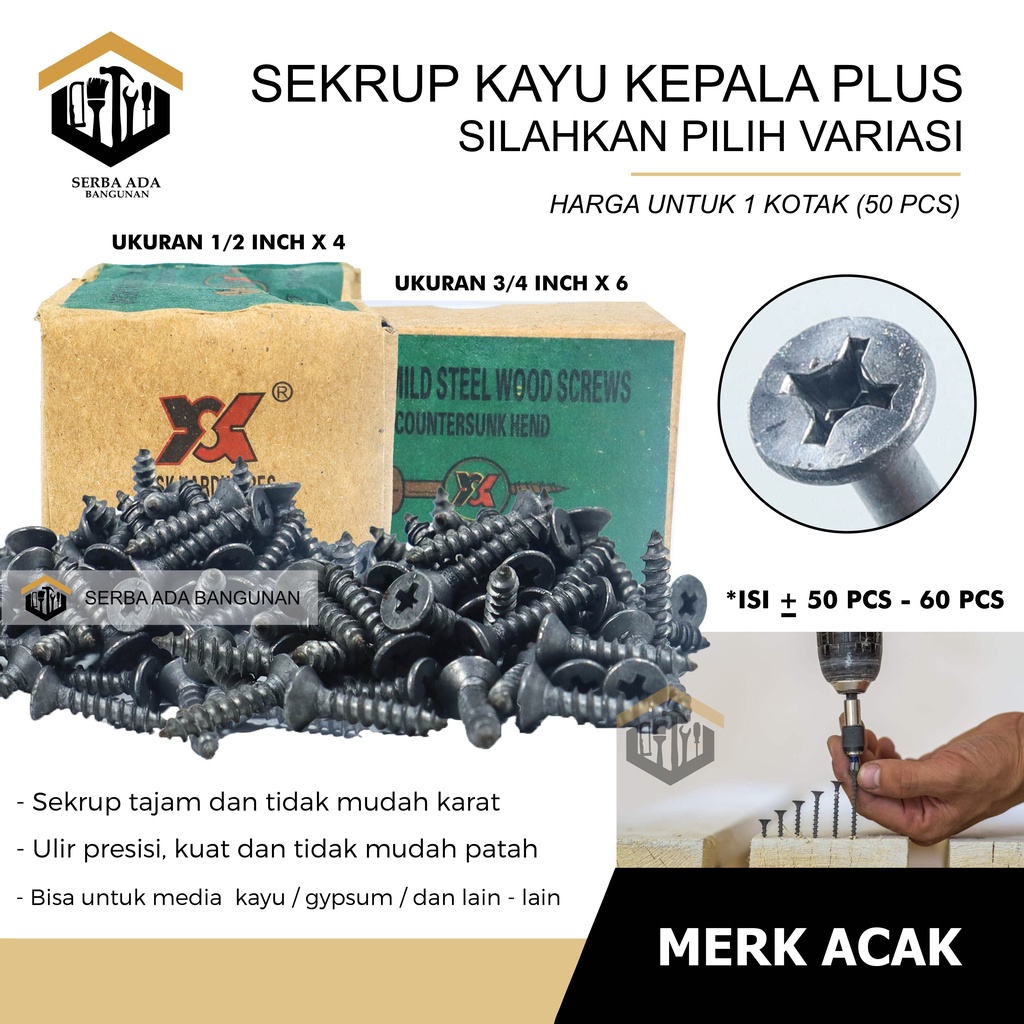SKRUP KAYU 1/2&quot; X 4 (+) PLUS / (HARGA 1 KOTAK - TIDAK DIECER) TERMURAH