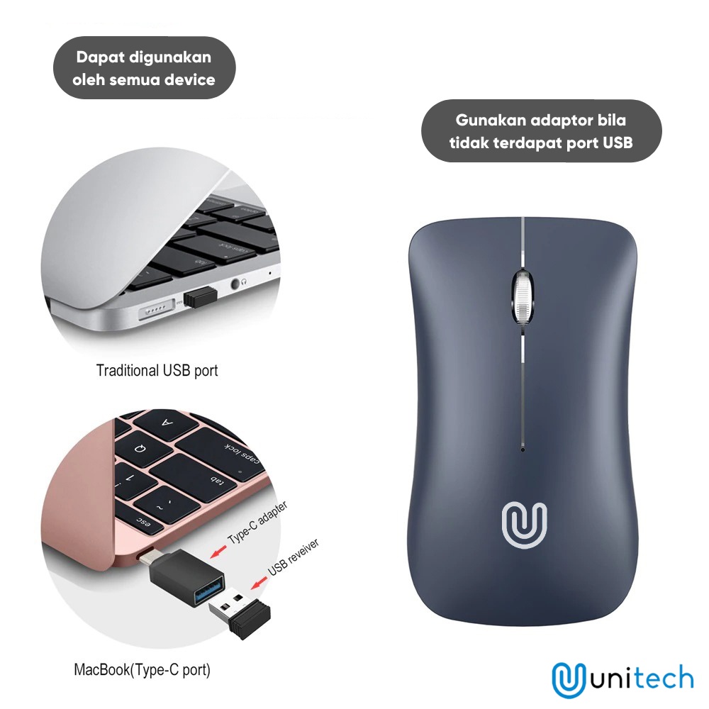 Mouse Wireless Slim Recharger Unitech P1 Silent Click Mode 2.4Ghz 1600 DPI &amp; Gratis Mousepad