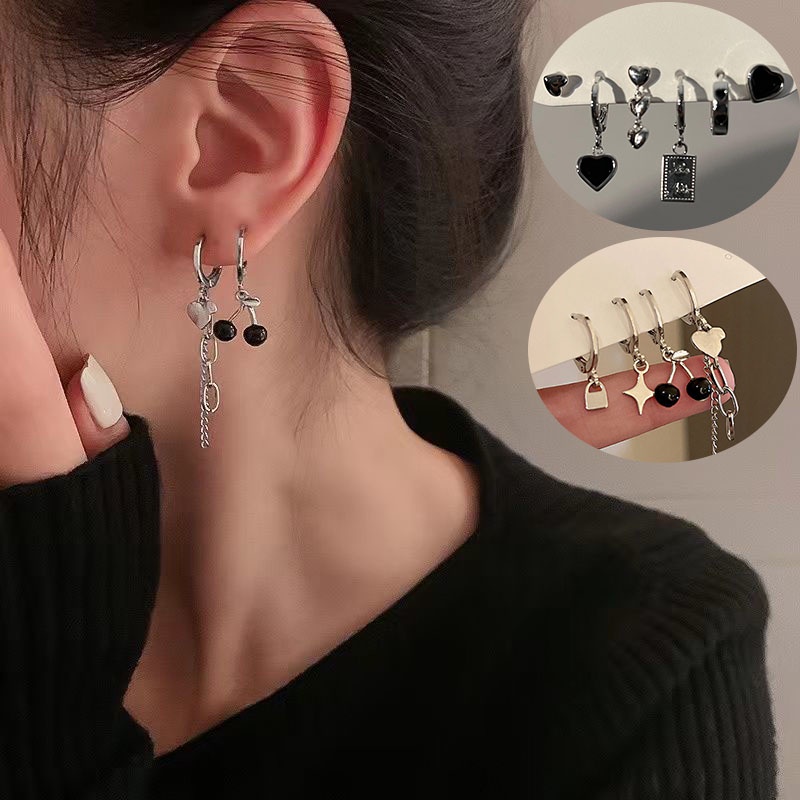 4 / 6PCs / Set Anting Tusuk / Stud Model Hati / Ceri Hitam / Rantai Rumbai Warna Silver Untuk Wanita