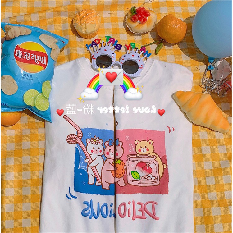 KBS-92 kaos oversize cute cartoon bear print t-shirt import korea jepang