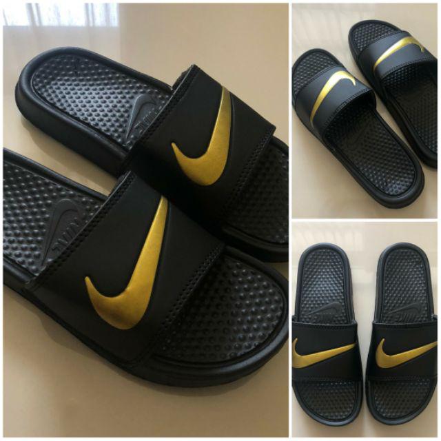 sandal nike benassi swoosh premium original pria wanita-HITAM GOLD