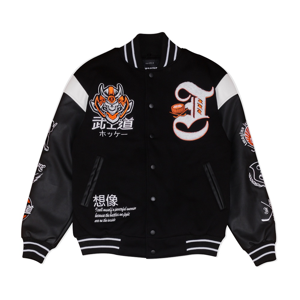 Imagineco Jacket Varsity Embroidery Hitam Unisex Flecee 330 GSM Leather "Ronin Hockey"