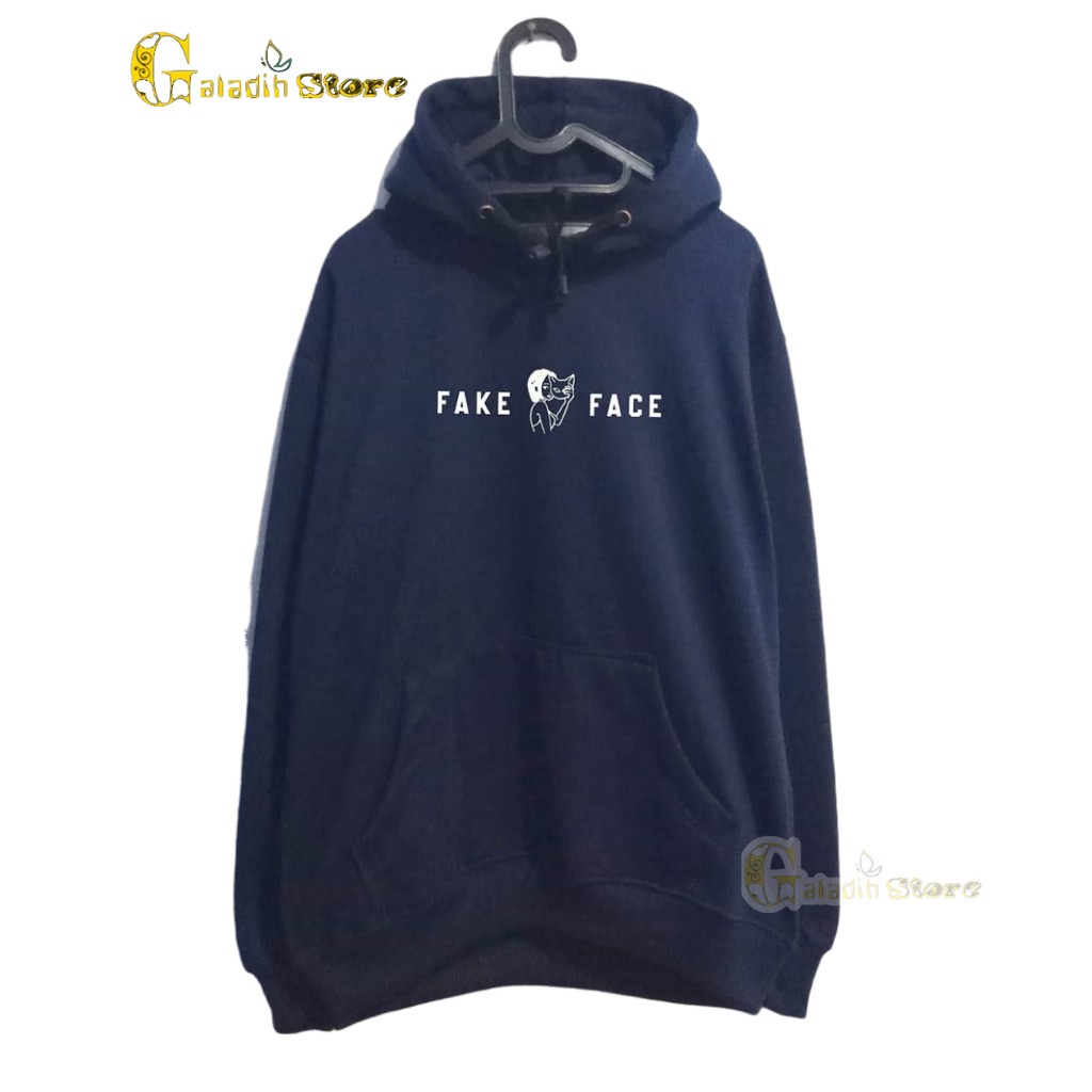 Hoodie Pria Distro original brand tebal Sweater Face Fake Basic sablon Navy Blue Unisex Terbaru Cod