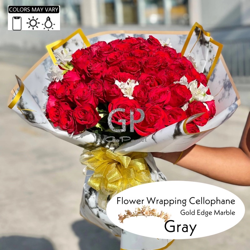 ( 5 Lembar ) GOLD EDGE MARBLE - FLOWER WRAPPING PAPER PLASTIC CELLOPHANE KERTAS BUNGA BUKET FLORIST
