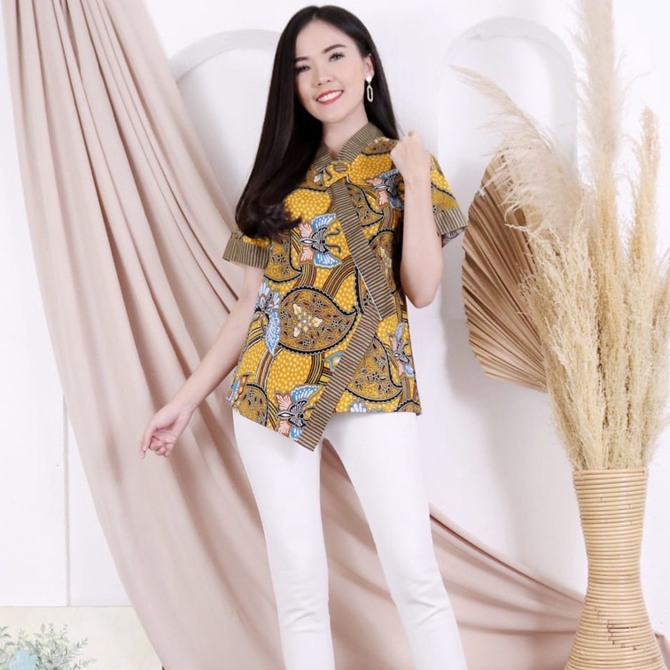 Atasan Batik Blouse Wanita Bunga Baju Batik Blus Cewek Flower Kantoran Terbaru JP020-Yellow-2 sz Standart
