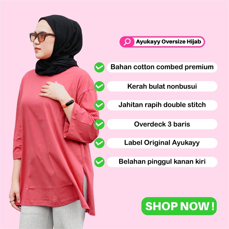 Ayukayy Basic Oversized Top Kaos Polos NonBusui Hijab Friendly Lengan 7/8