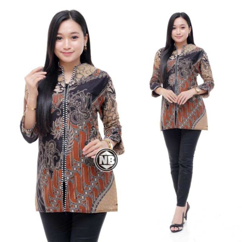 [ TERBARU ] ATASAN BATIK WANITA KERJA KANTOR ORI SHABIRAH BATIKSOLO BLOUSE BLUSEBATIK BATIKMODERN XL-Cap coklat Zipper