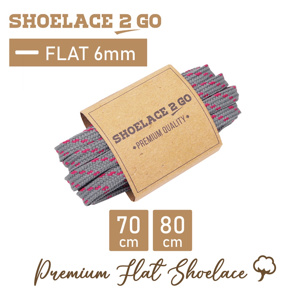 SHOELACE 2 GO PREMIUM TALI SEPATU MOTIF GEPENG PIPIH FLAT N11 GREY WITH HOT PINK STRIPES - 70CM 80CM