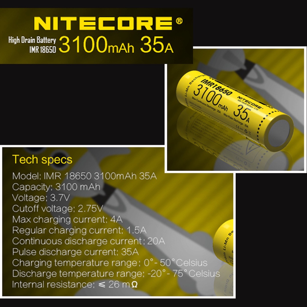NITECORE 3100mAh 35A IMR 18650 baterai battery senter vape