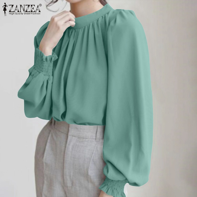 ZANZEA Women Fashion Casual Solid Color Puff Sleeve O Neck Smocking Retro Blouse