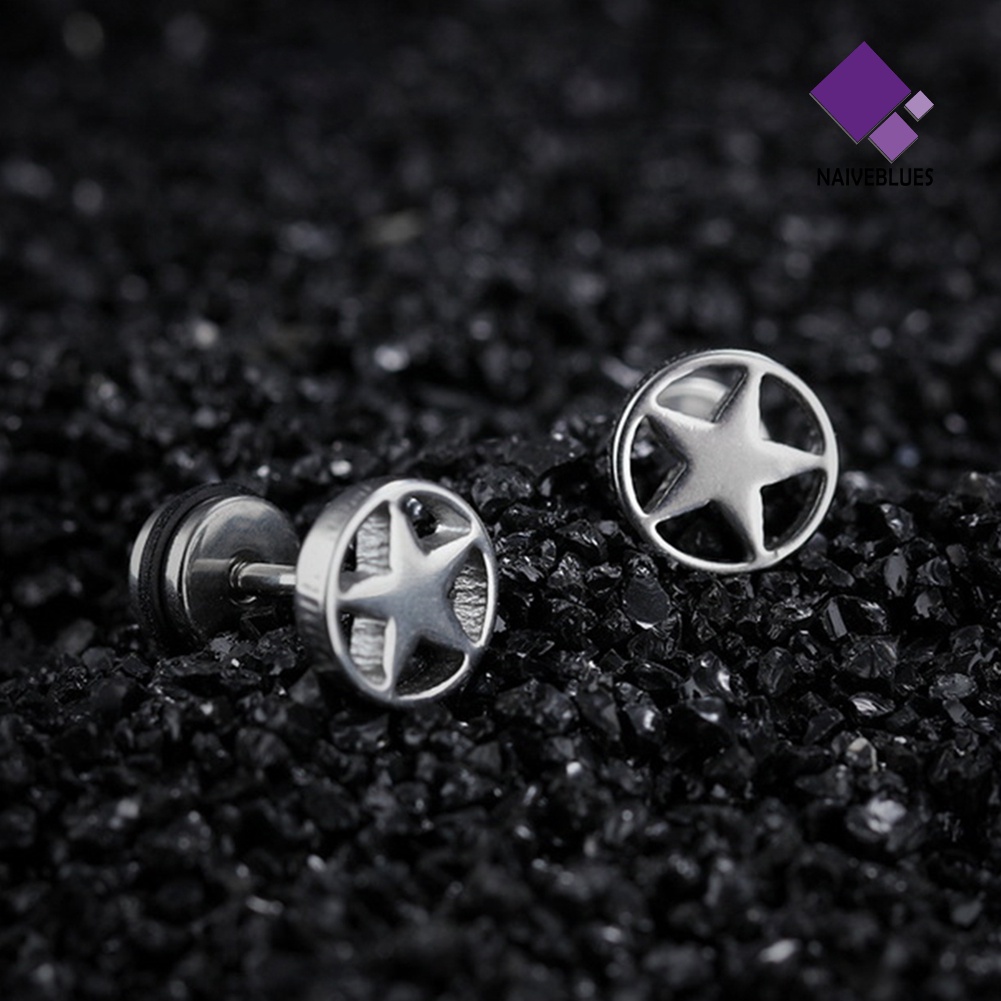 Anting Stud Bentuk Bintang Barbell Bahan Stainless Steel Gaya Punk Untuk Pria Dan Wanita