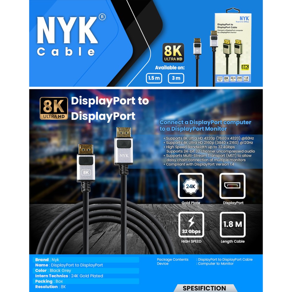 Cable Displayport to display port Nyk 1.8m gold m-m 8k 4k UHD MST 32.4Gbps - Kabel dp 1.8 meter male