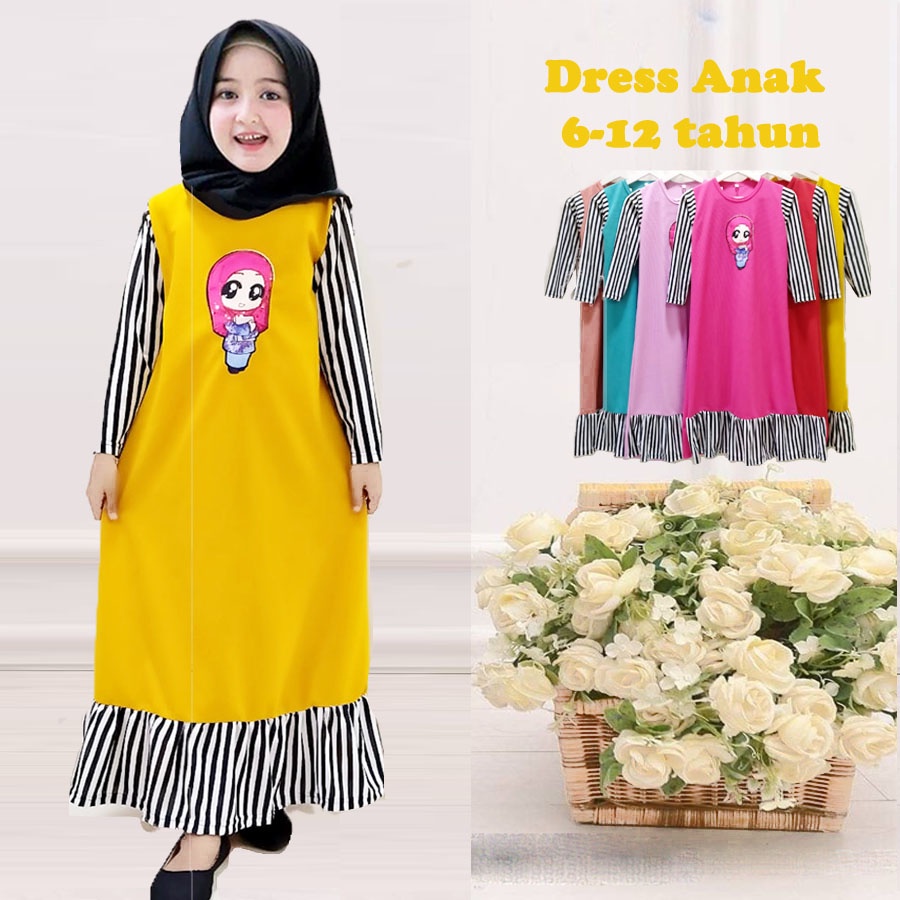 DRESS ANAK LOL SALIHAH REMPEL BAWAH GAMIS MURAH Usia 4-12 tahun CARLINA