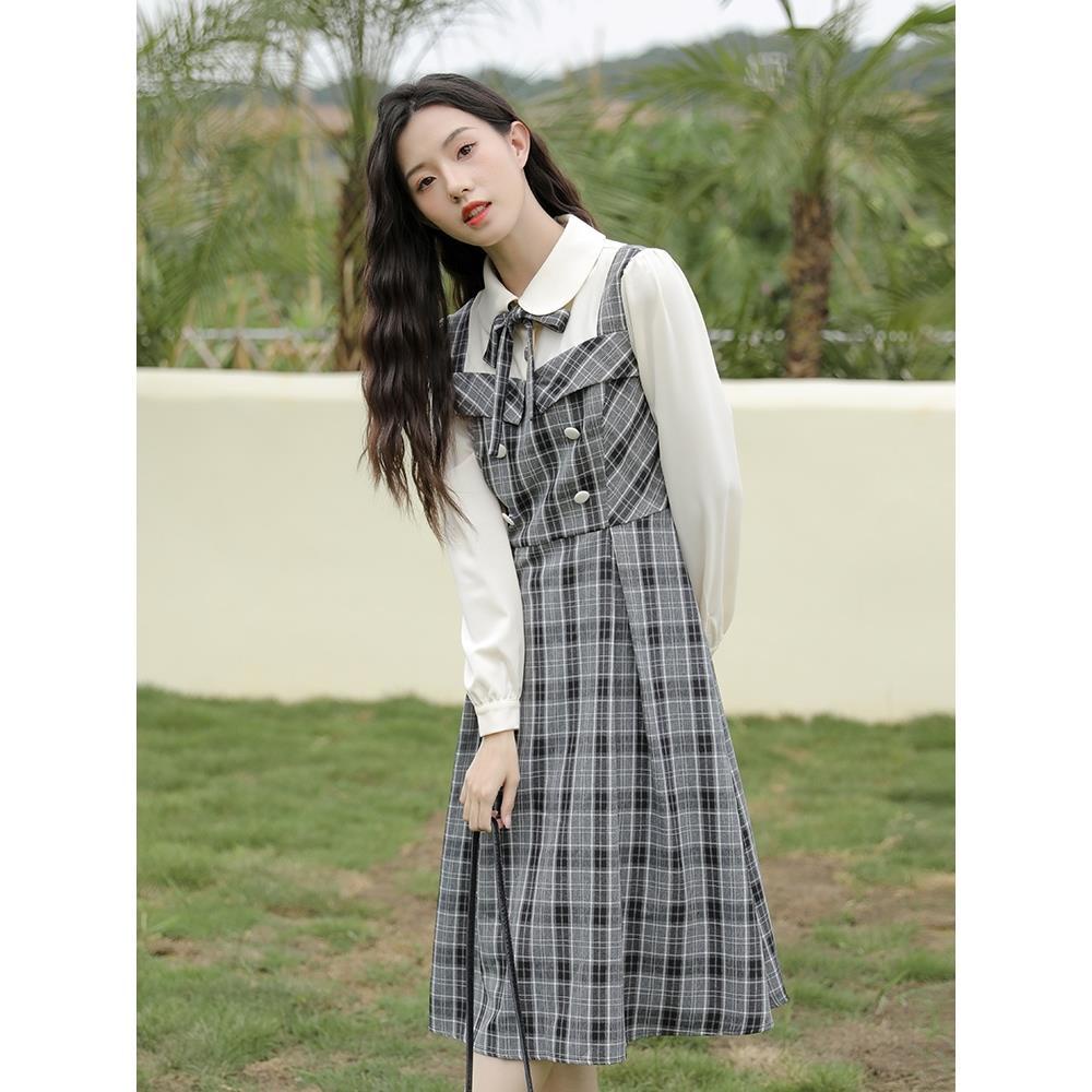 New women's fake two piece set waist French retro Plaid long sleeve early autumn temperament dress l