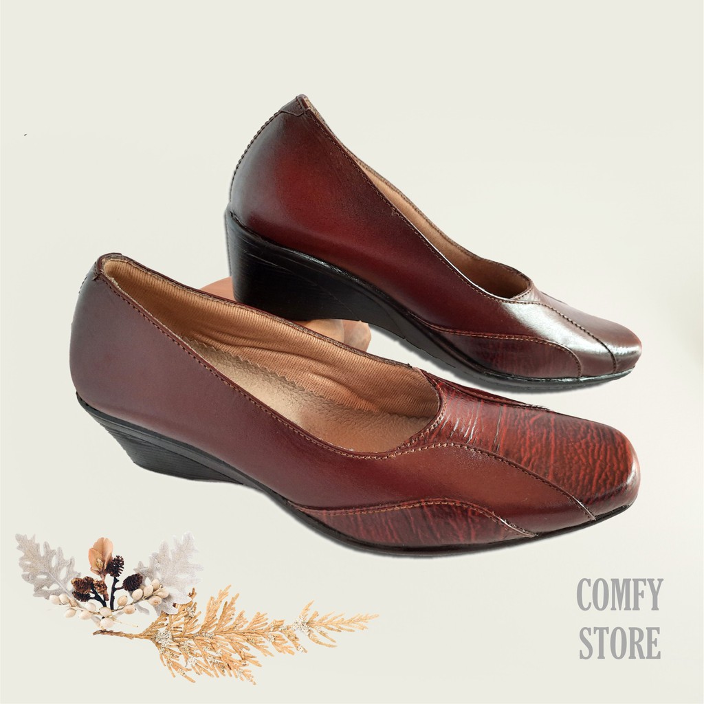Sepatu Kulit Asli Pantofel Wanita Wedges 5 cm