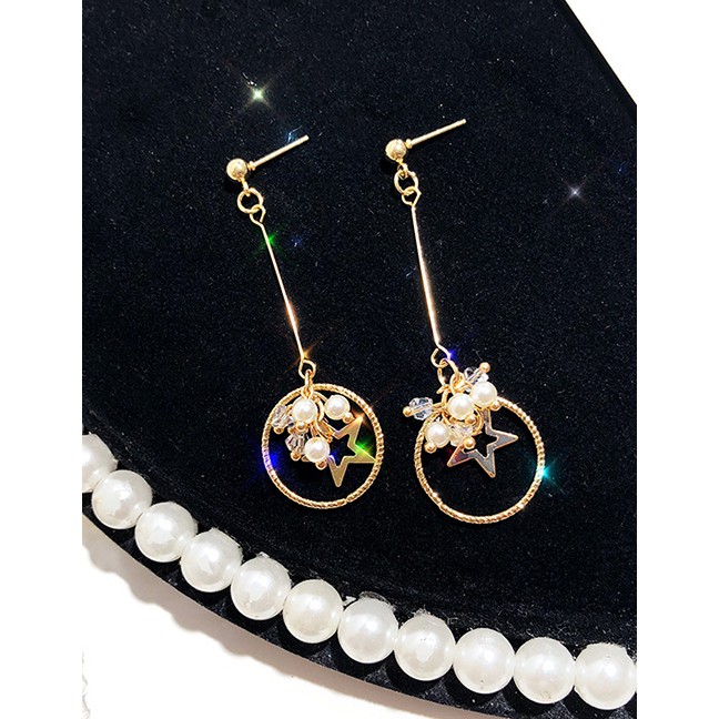 LRC Anting Tusuk Fashion Golden Crystal Tassel Star Circle Zircon P92780