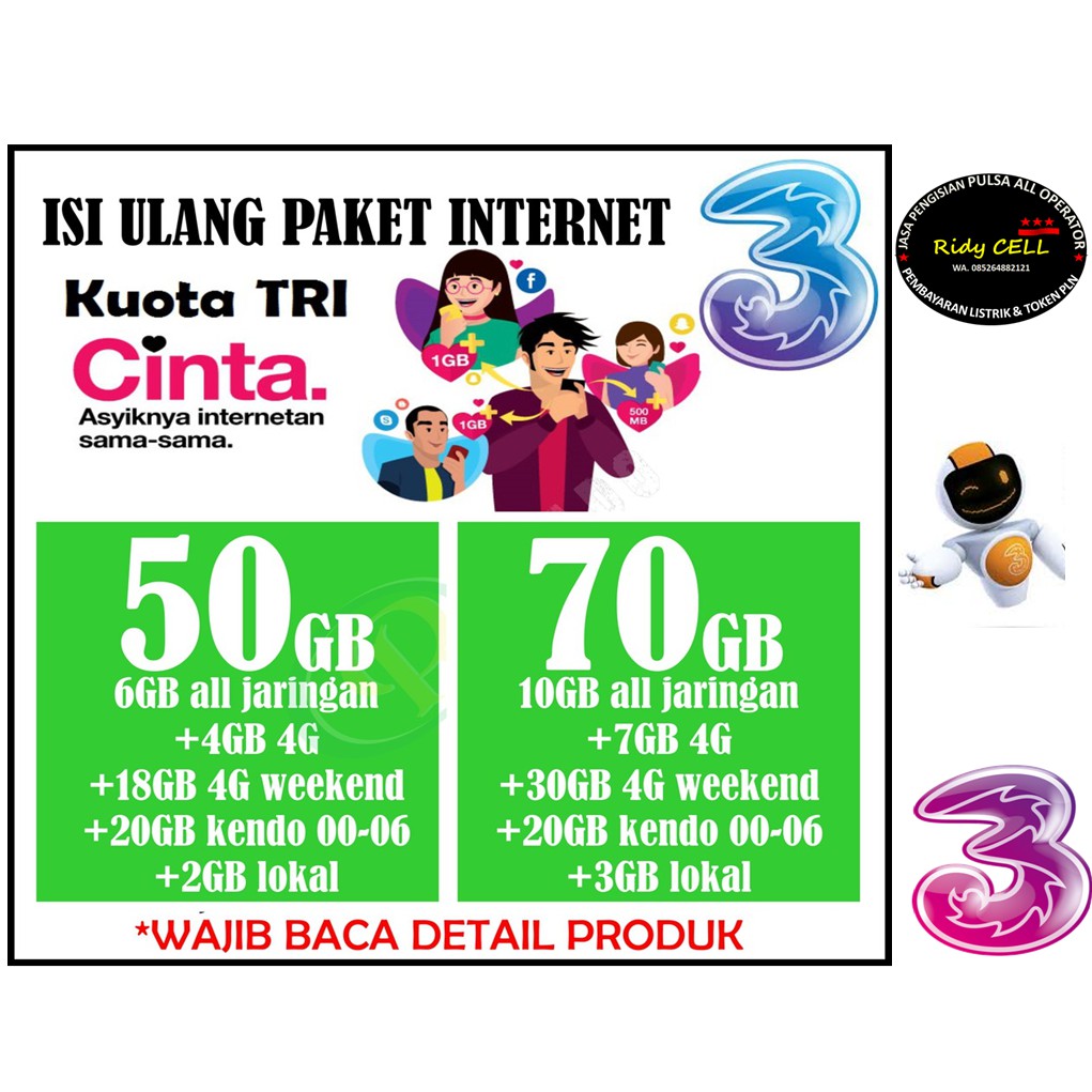PAKET DATA KUOTA INTERNET THREE TRI 3 CINTA 4G 50GB 70GB